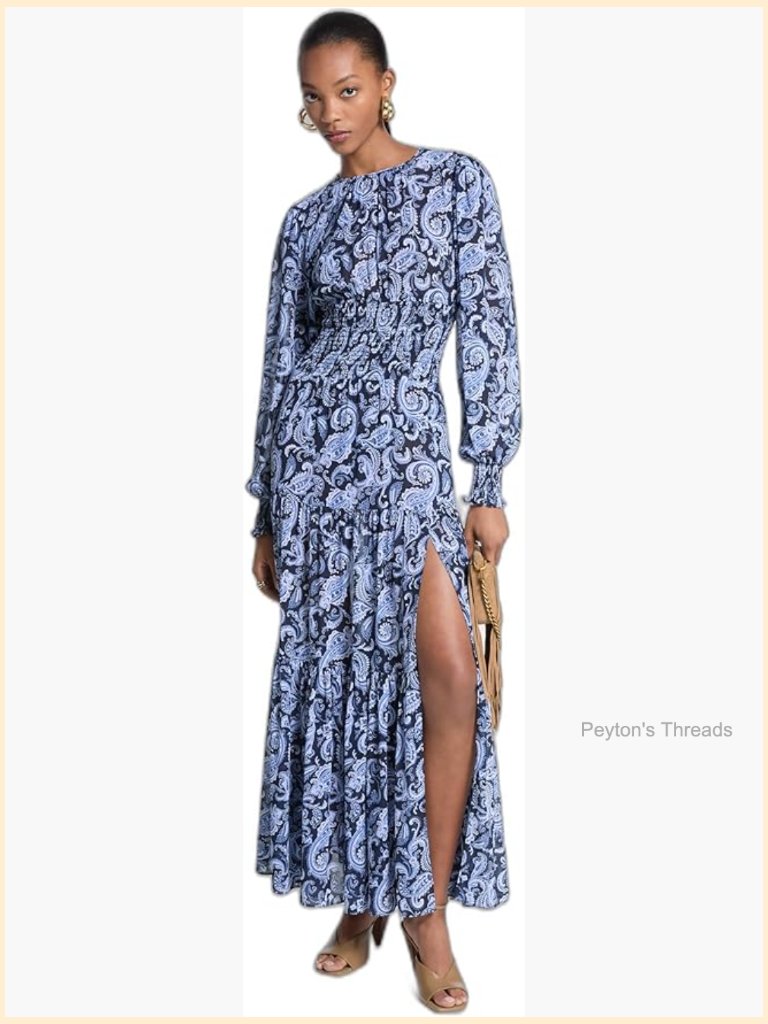 Long Sleeve Smock Maxi Dress Georgette Swing Silhouette